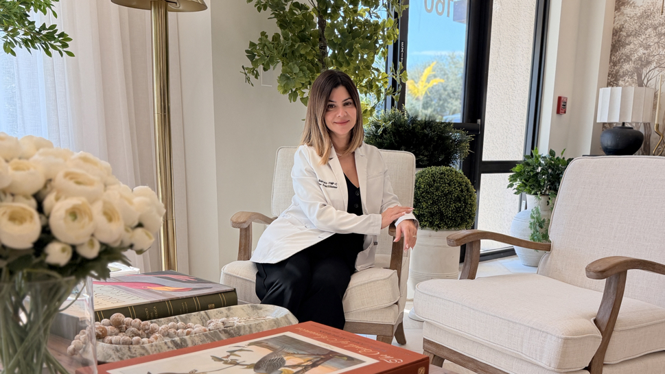 The calm, warm lounge of Elevated Beauty Medspa in Miami Lakes, FL